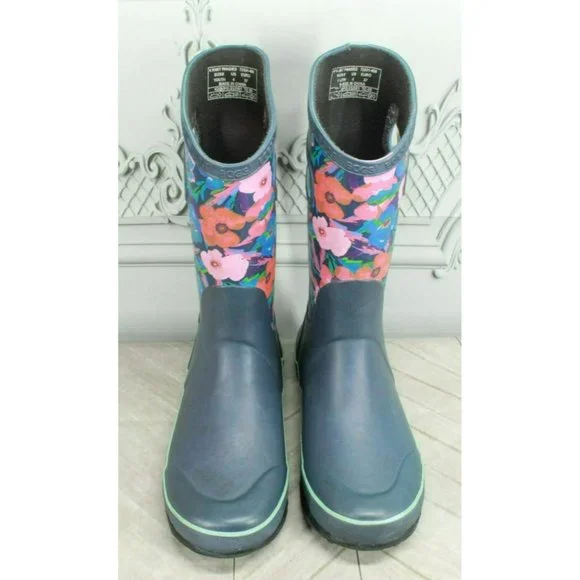 Bogs Pansies Blue Rubber Pull On Floral Waterproof Rain Boots Size 4 Youth - Picture 5 of 9